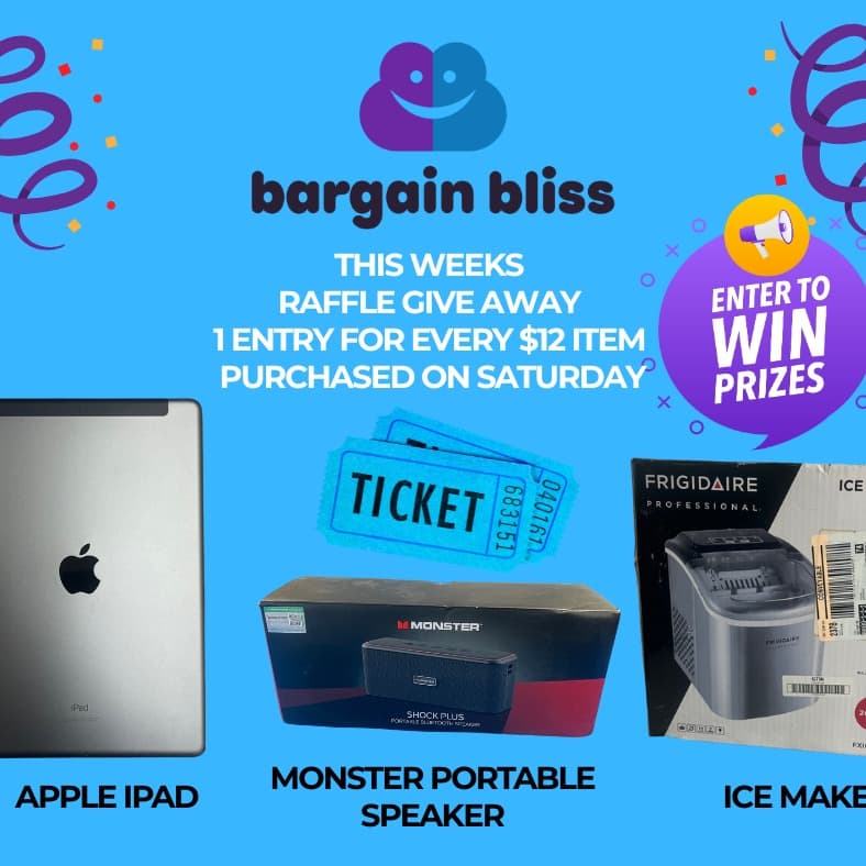 his weeks raffle items are an Apple iPad, Monster portable speaker, and a Frigidaire Ice maker. THIS SATURDAY! 1 entry for every $12 bin item purchased. Drawing is Facebook live at 5:00 pm
