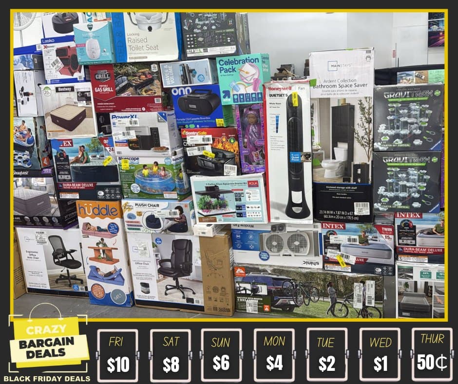 Inside Crazy Bargain Deals — bin store floor view